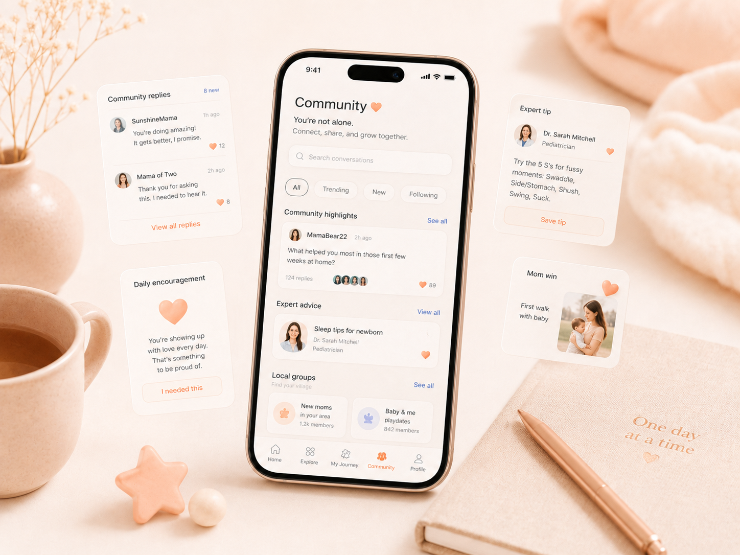 The Only Chapter app, the daily plan and community screen