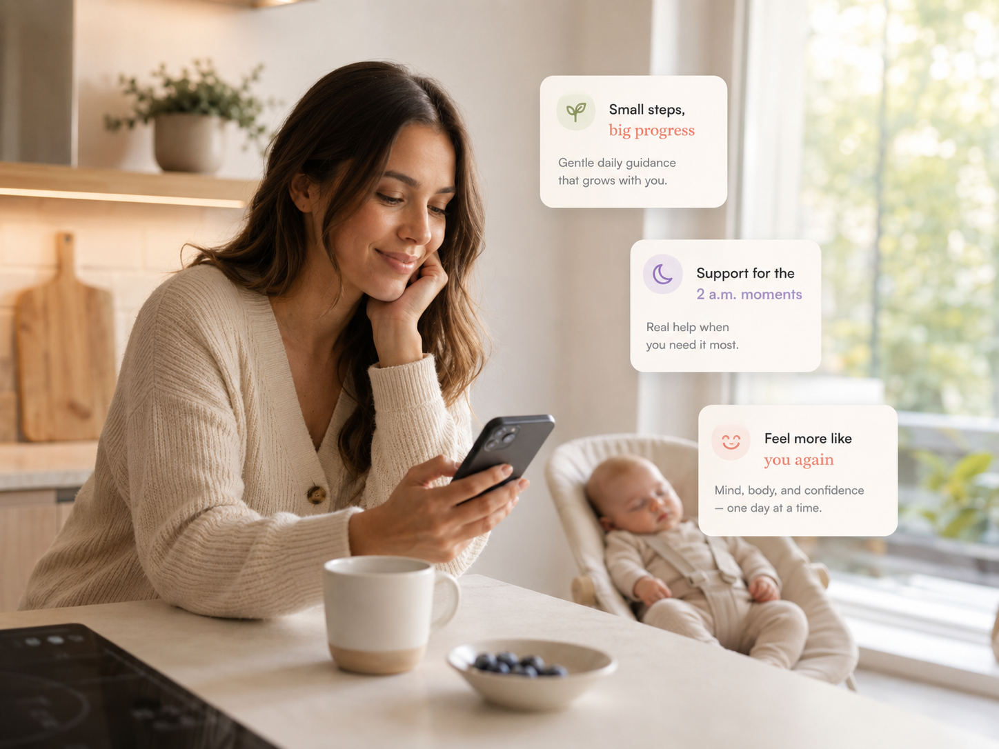 A mother using The Only Chapter app in a sunlit kitchen, her baby beside her