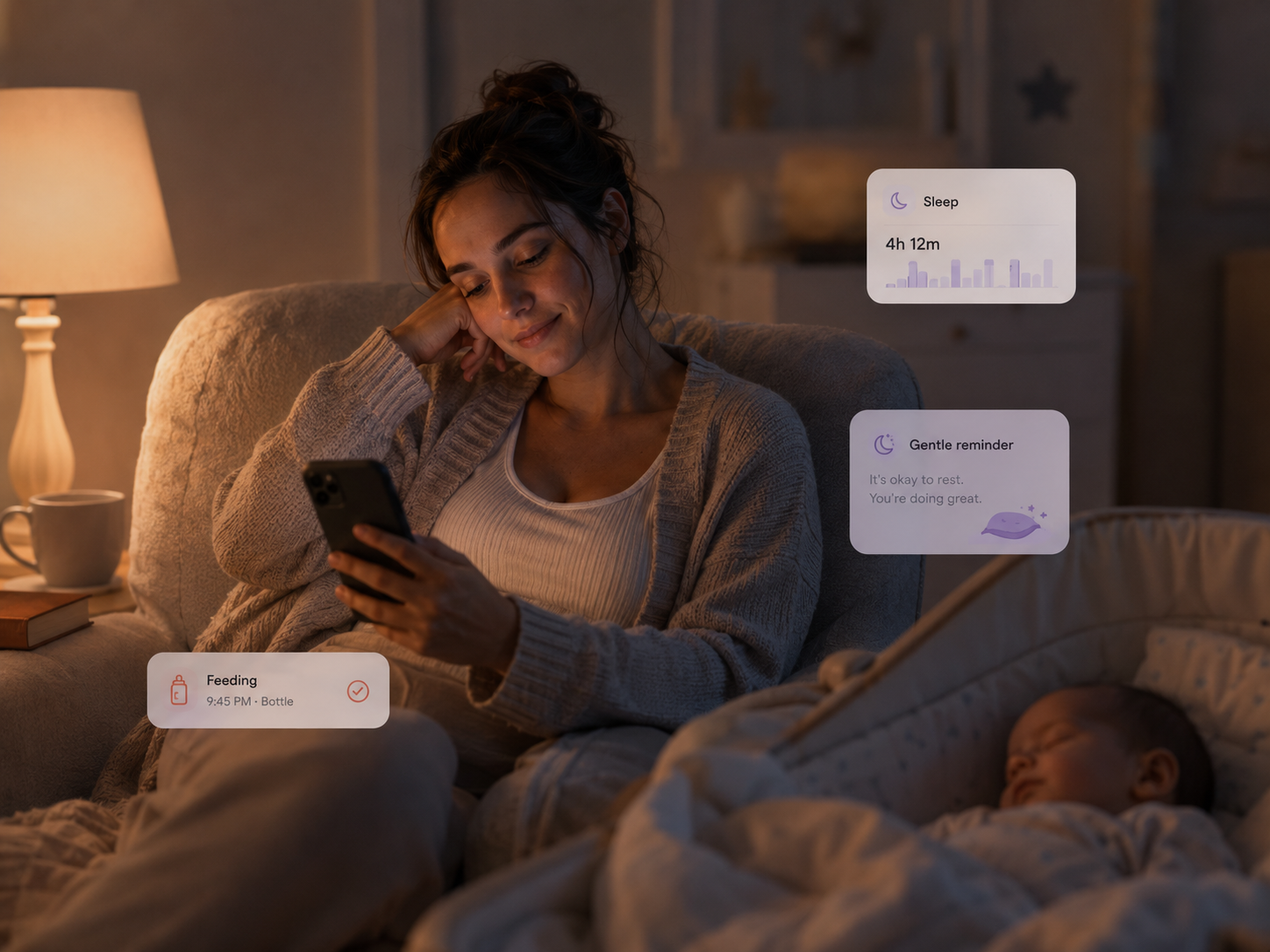 Mother on a sofa at night, soft lamp glow, baby sleeping nearby