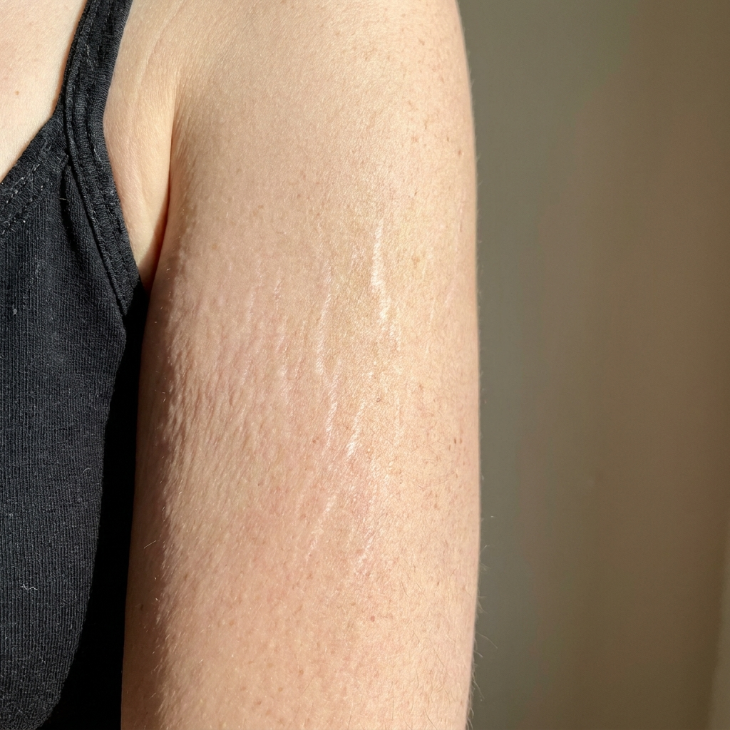 A woman's upper arm before Firming Body Cream, loose-skin texture and stretch marks