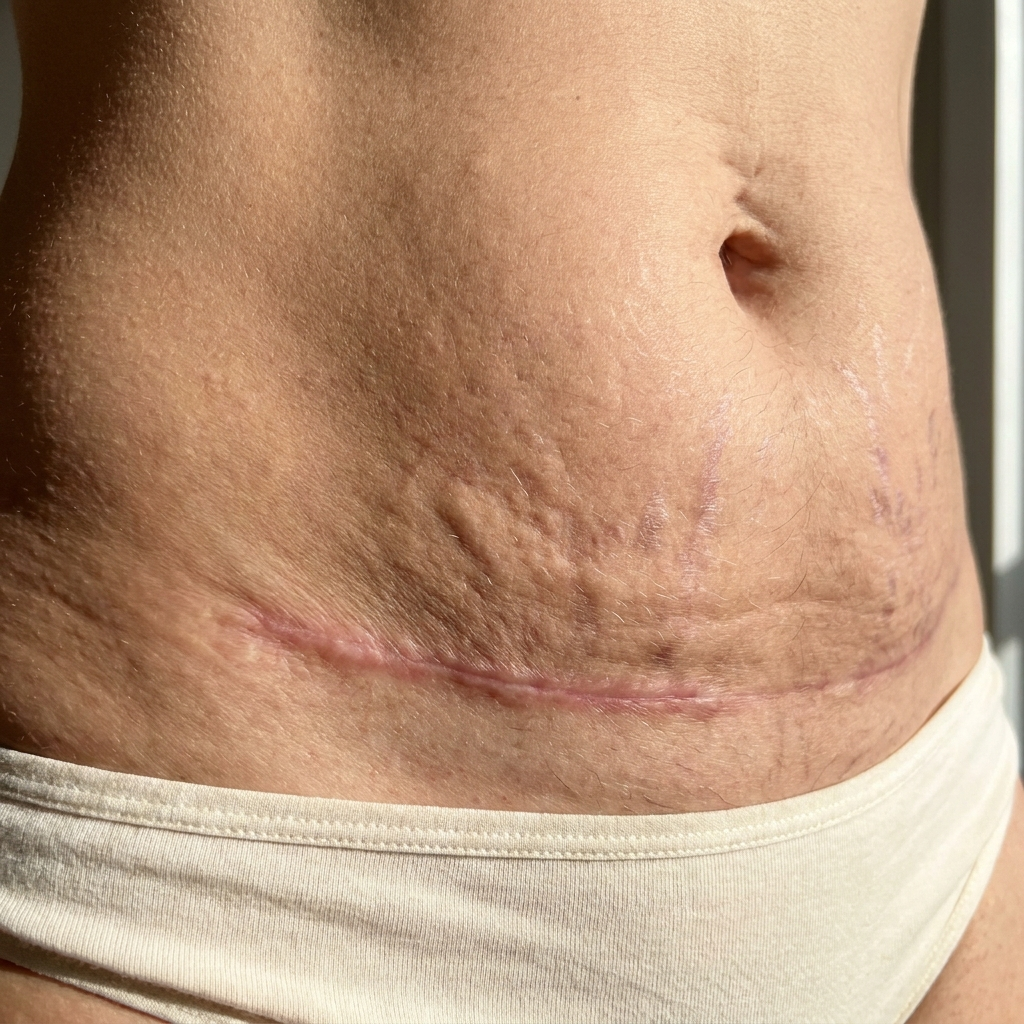 A postpartum belly before Firming Body Cream, loose skin and stretch marks