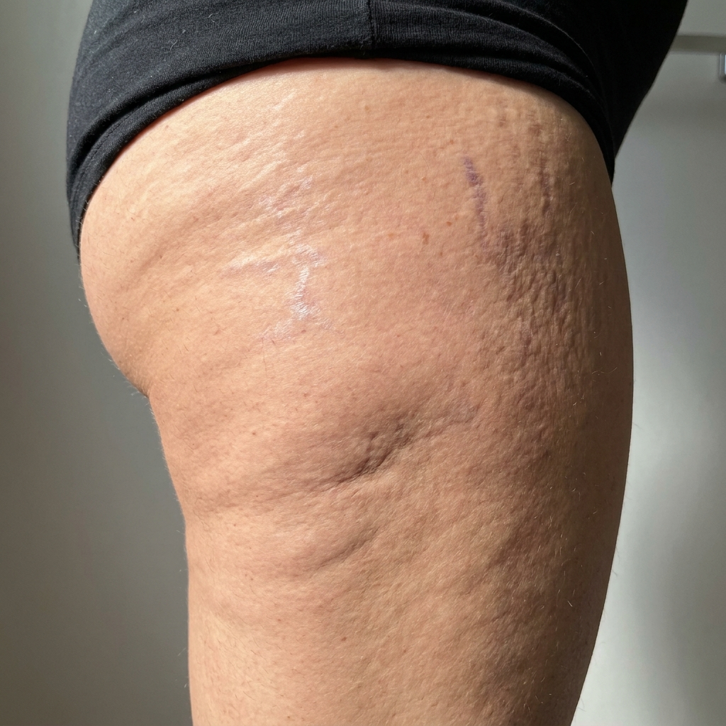 A woman's thigh before Firming Body Cream, visible cellulite and stretch marks